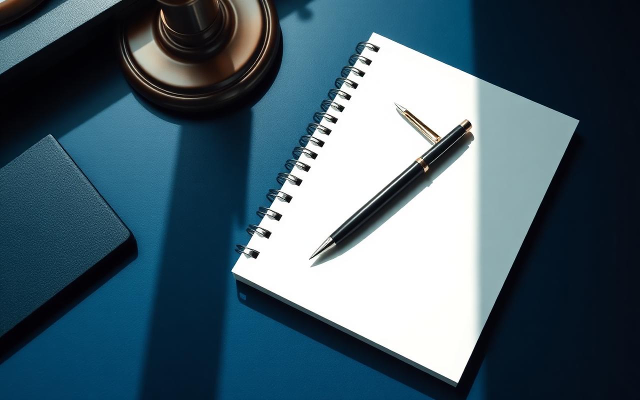 Carnet et stylo posés sur un bureau bleu, ambiance feutrée