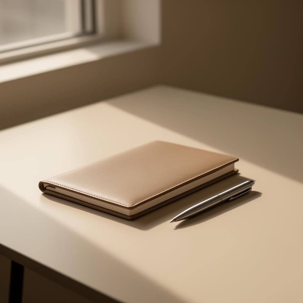 Bureau minimaliste avec carnet et stylo, lumière douce du matin